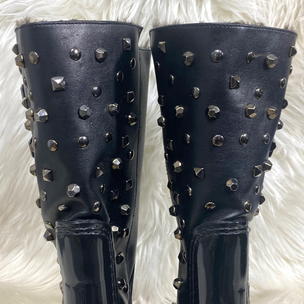 Stuart Weitzman Loverain Leather Black Studded Faux Fur Lined Boots - Picture 3 of 16